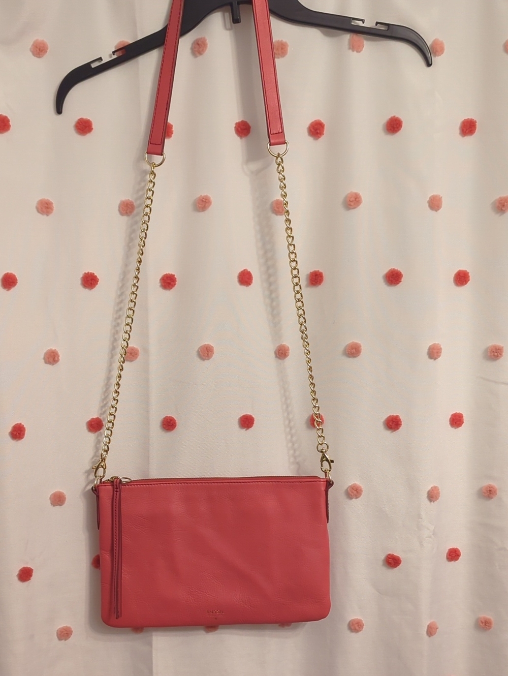 Fossil Coral-Pink Leather Crossbody with Gold Chain Strap